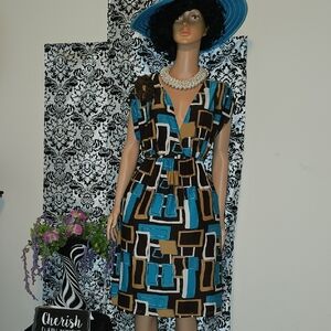 Elegant Abstract Midi Dress - Blue and Brown